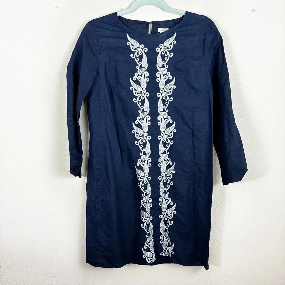 J Crew Navy Blue Embroidered Front Linen Cotton Blend Tunic Dress Coverup sz XS